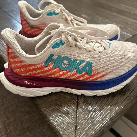 Hoka White and Orange Athletic Shoes with Blue Accents - Picture 2 of 8